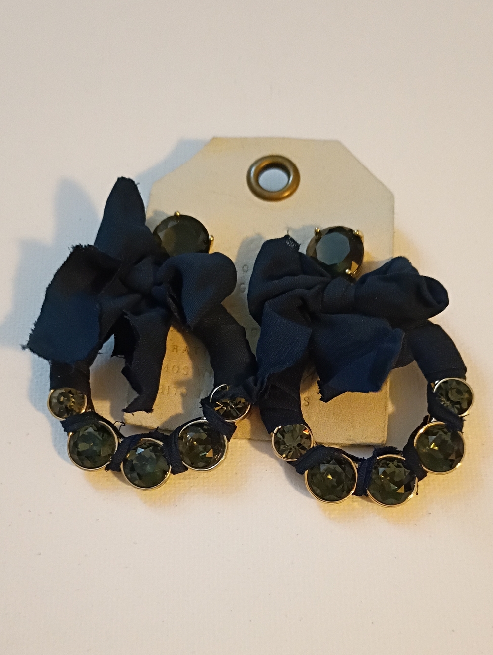 Anthropologie Navy Hoop Earrings with Olive Green Crystals